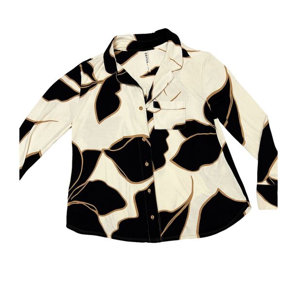 Soma Cool Nights Pajama Top M Cream Black Gold Leaf  Button Front Cozycore Sleep - Picture 1 of 7